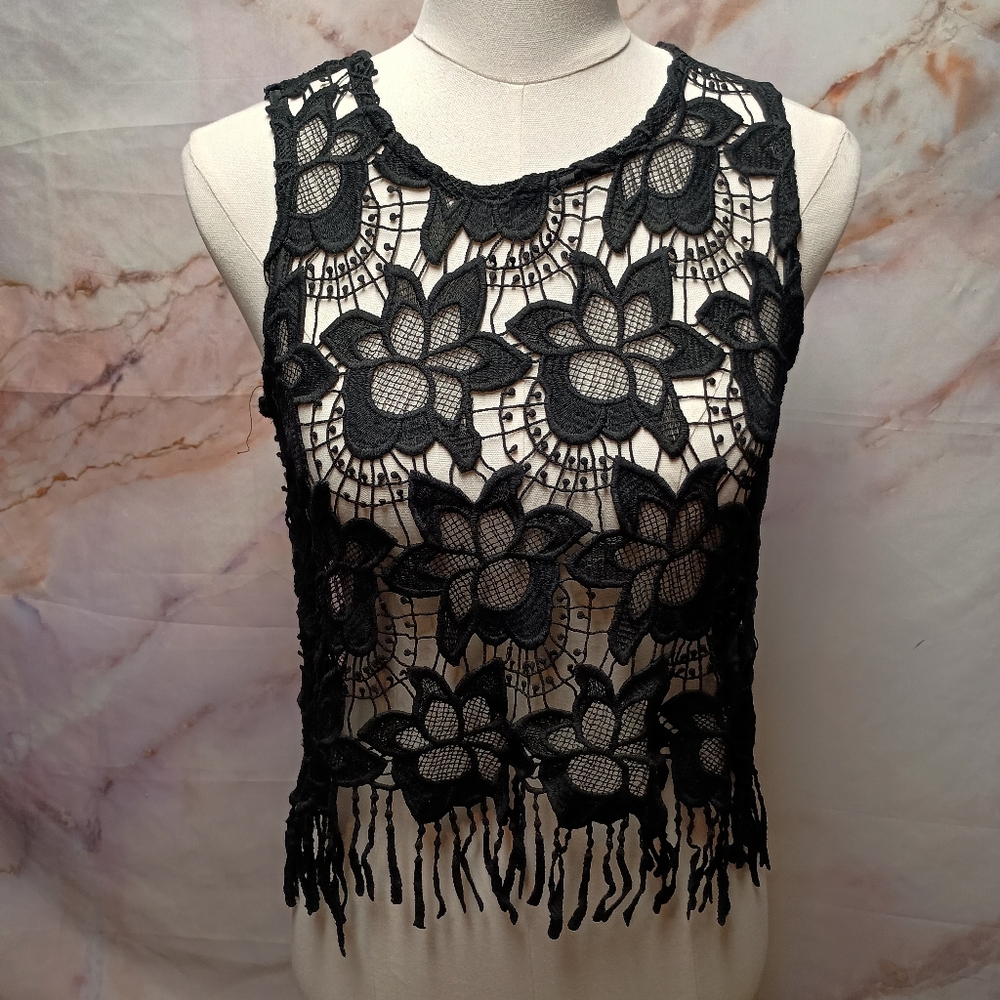 Ambiance Black Crochet Fringe Tank Top